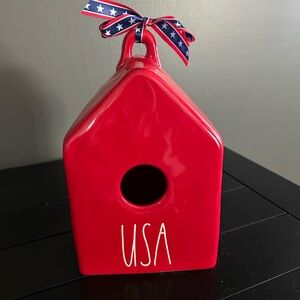 Rae Dunn Red USA Birdhouse with Blue Ribbon